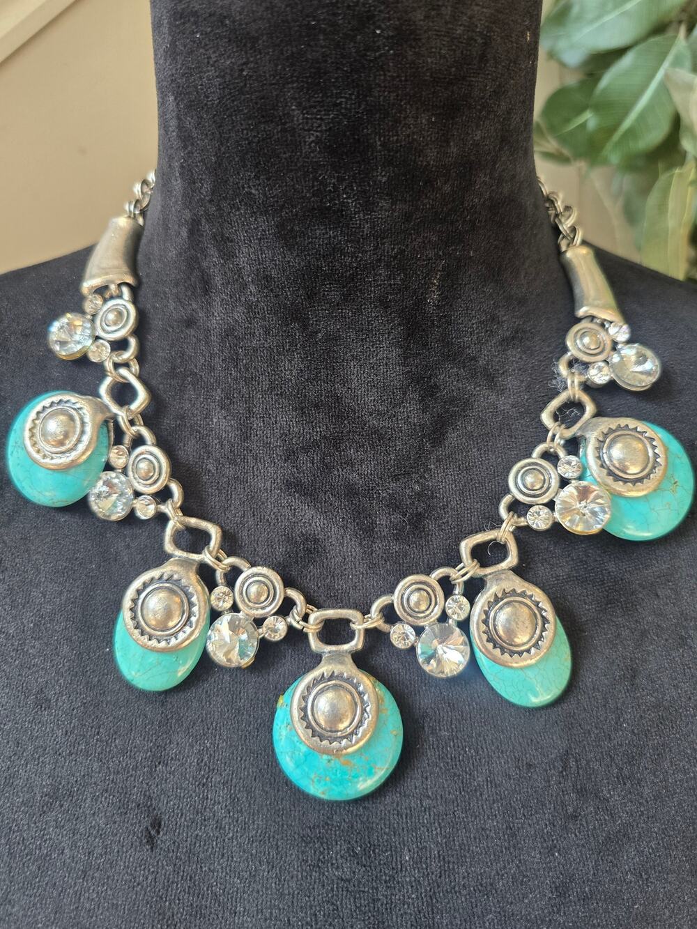 Turquoise Blue Medallion Charm Statement Necklace Silver Tone Boho